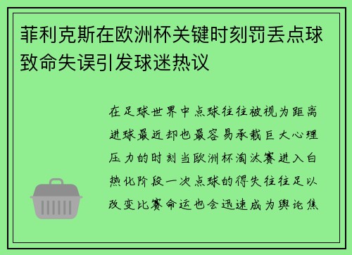 菲利克斯在欧洲杯关键时刻罚丢点球致命失误引发球迷热议