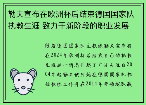 勒夫宣布在欧洲杯后结束德国国家队执教生涯 致力于新阶段的职业发展